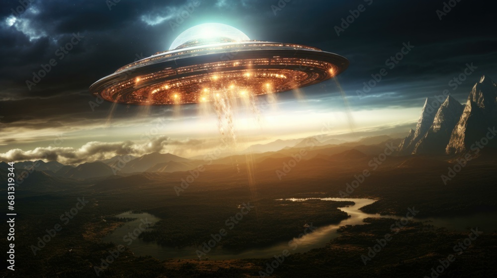 An alien spaceship flying over a mountain. Generative AI.
