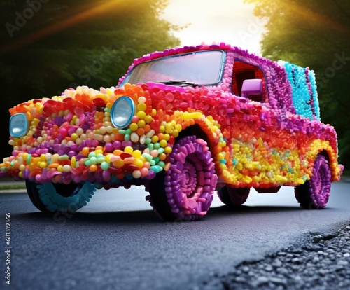 A car covered in colorful balloons is on the road. Generative AI.