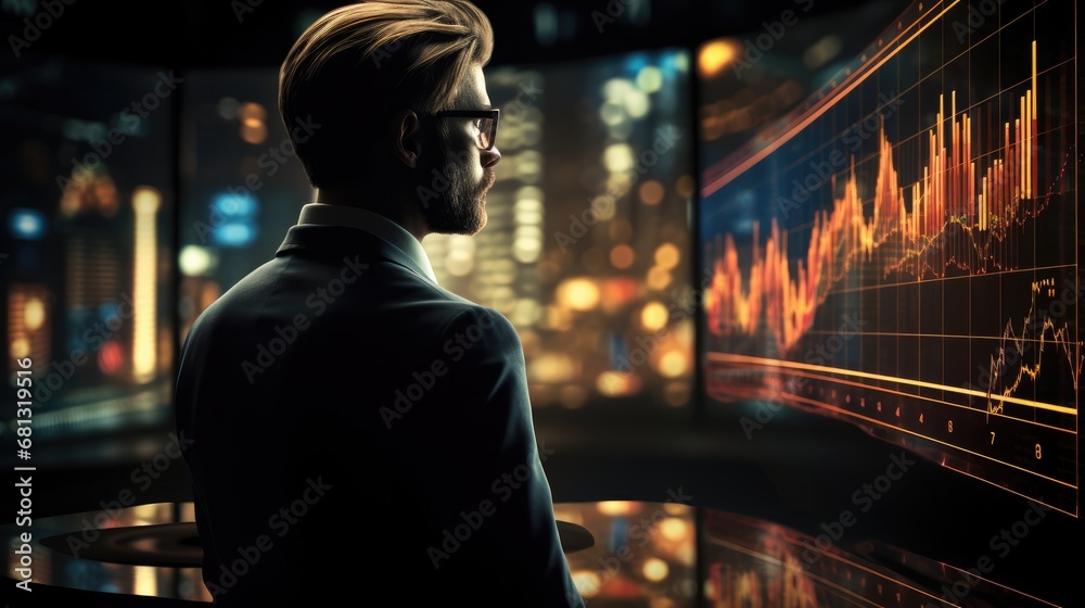 Business man in suit with crypto coin looking at forex trading graphics on the screen.