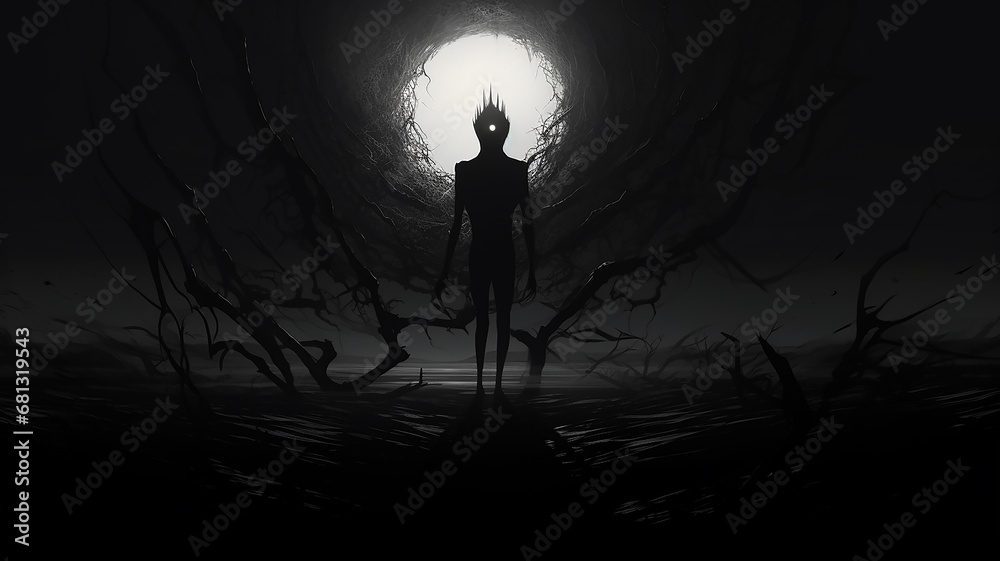 demon of evil, the essence of horror and nightmare darkness, black dark essence silhouette frightening creature phobia, computer graphics demon of evil, the essence of horror and nightmare darkness, black dark essence silhouette frightening creature phobia, computer graphics