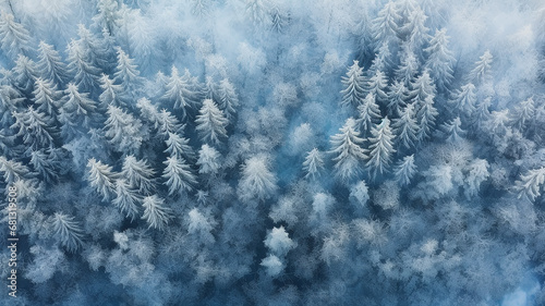 The northern cold coniferous forest is covered with frost and snow, the landscape is an aero view