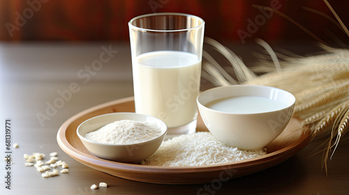 protein powder with milk, Glass of fresh milk and powdered milk or milk powder isolated on white background. photo