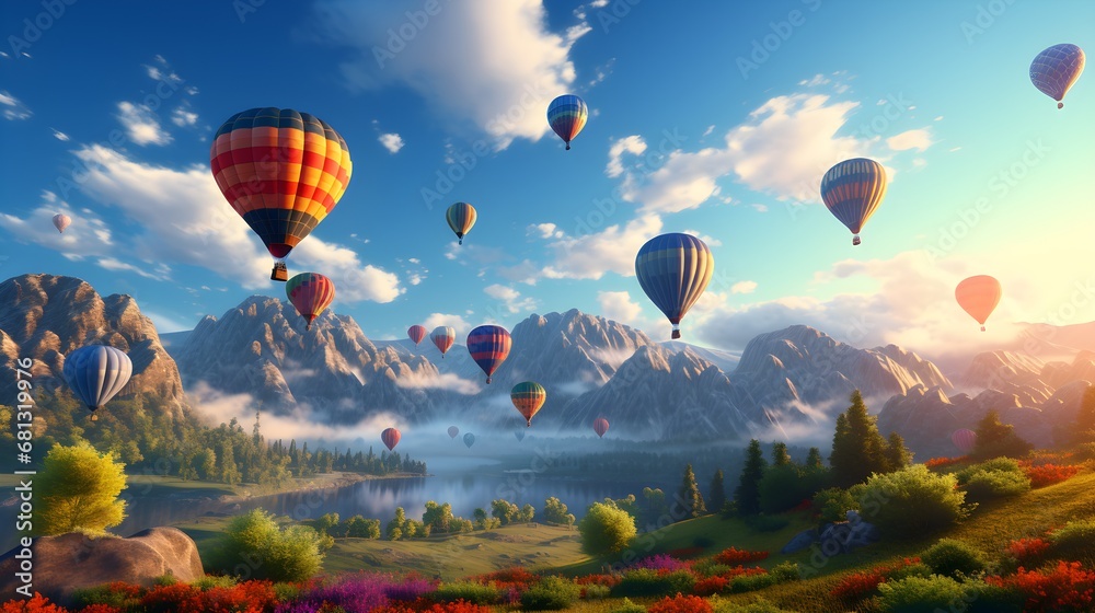 Top of Mountain with a Sky View with Hot Air Balloons in Nature Scenic.