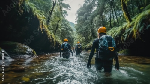 Group of friends live a Canyoning experience in the middle of the jungle, The situation is adrenaline and fun.