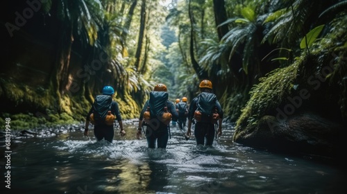 Fototapeta Naklejka Na Ścianę i Meble -  Group of friends live a Canyoning experience in the middle of the jungle, The situation is adrenaline and fun.