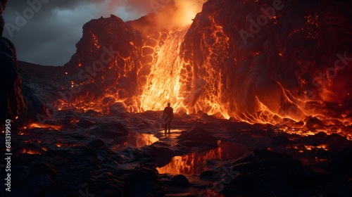 Tourist explorer Inside a Volcano, Natural Geothermal Marvel Concept.