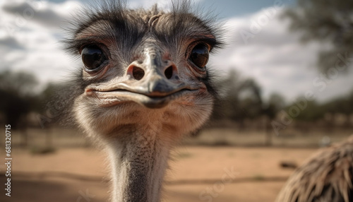 Curious ostrich stares at camera with hairy beak and feathered body generated by AI