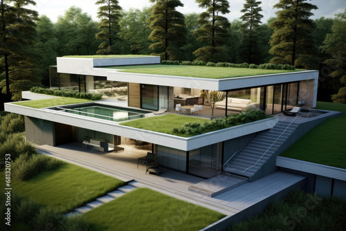 High view of a minimalist house with natural landscape