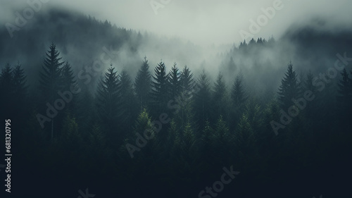 misty autumn coniferous evergreen forest in the mountains nature landscape panoramic view