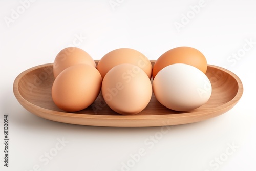 A variety of eggs with different colored shells on a wooden bowl isolated on white background