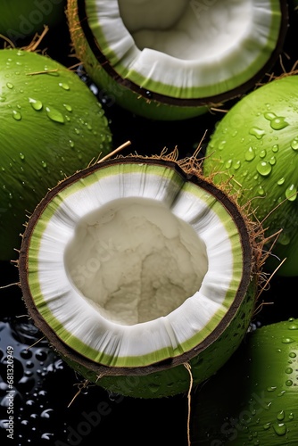 Green coconut background image of lots of fresh, Coconut with few water drops on coconut.