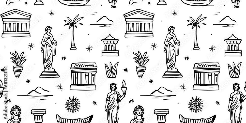 Naklejka premium Ancient greek statue and classic vintage monument seamless pattern. Black and white greece culture background illustration. Historical flat cartoon drawing. 