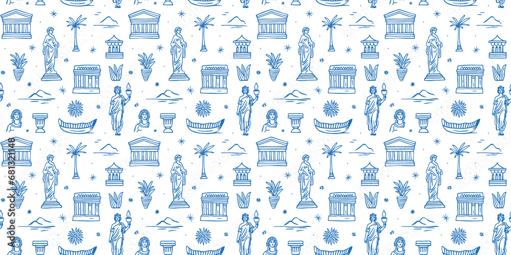 Fototapeta premium Ancient greek statue and classic vintage monument seamless pattern. Blue greece culture background illustration. Historical flat cartoon drawing wallpaper print texture. 