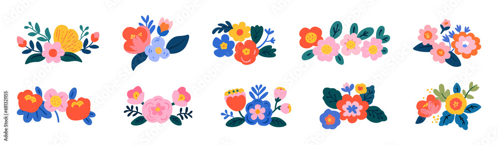 Trendy floral bouquet illustration set. Colorful hand drawn style flower on isolated background. Spring nature doodle collection. Wedding flowers symbol, romantic graphic bundle.	