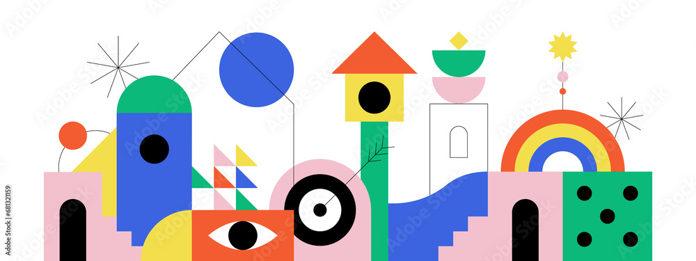 Abstract colorful geometric city landscape concept illustration. Creative modern geometry shapes with fun icon and bauhaus style decoration element. Contemporary art mosaic.	