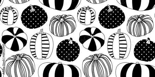 Black and white halloween pumpkin seamless pattern illustration. Fall season harvest vegetable background print for october holiday celebration or thanksgiving event. Decorative hand drawn texture. 