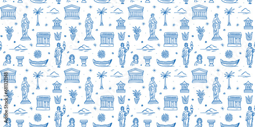 Ancient greek statue and classic vintage monument seamless pattern. Blue greece culture background illustration. Historical flat cartoon drawing wallpaper print texture.	
