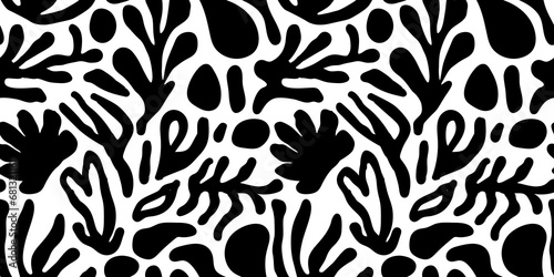 Abstract organic shape art seamless pattern with freehand doodles. Contemporary flat cartoon background, simple nature shapes in black and white. 