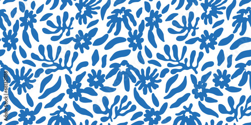 Abstract blue flower art seamless pattern. Trendy contemporary floral nature shape background illustration. Natural organic plant leaves artwork wallpaper print. Vintage spring texture. 