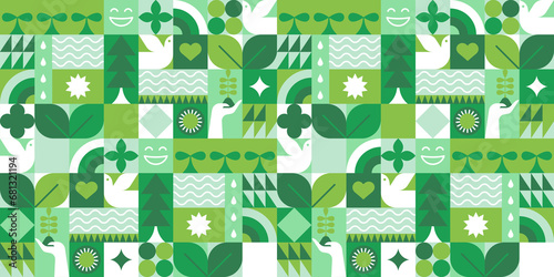 Green eco friendly symbol mosaic seamless pattern illustration with nature abstract shapes. Fresh organic concept background print. Minimalist environment shape texture, geometry collage.	
