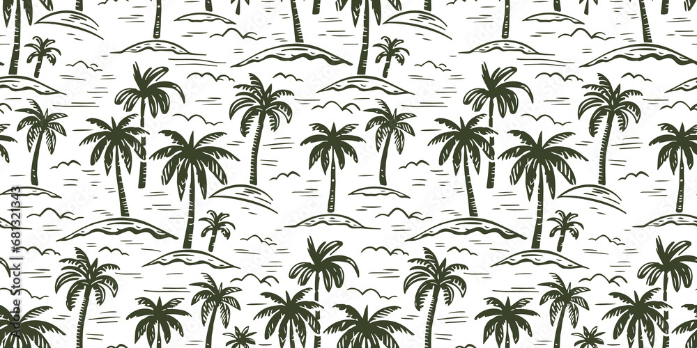 Hand drawn palm tree doodle seamless pattern illustration. Colorful hawaiian print, summer vacation background in vintage art style. Tropical plant painting wallpaper texture.	
 - obrazy, fototapety, plakaty 