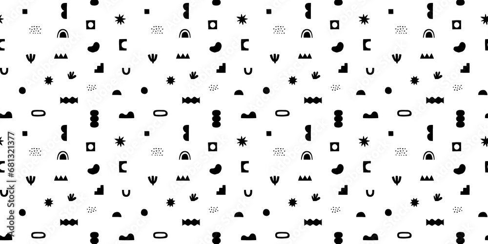 Fun doodle seamless pattern. Creative retro style art background for children or trendy design with geometric shapes. Simple vintage childish backdrop.	
