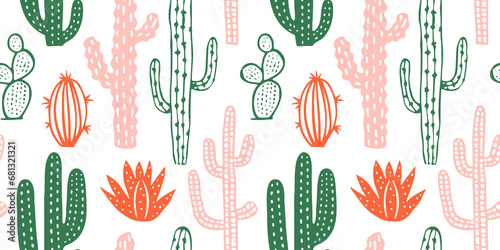 Hand drawn cactus plant doodle seamless pattern. Vintage style cartoon cacti houseplant background. Nature desert flora texture, mexican garden print. Natural interior graphic decoration wallpaper. 