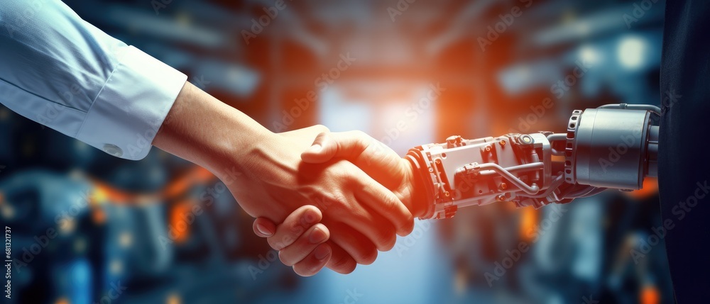 handshake between a scientist and an AI research robot, in a lab filled with data screens and equipment, in a scientific discovery 