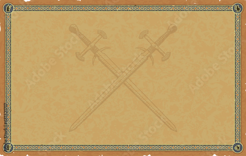 Large Medieval Parchment with Celtic Knot Frame, Fantasy Icons, Crossed Swords