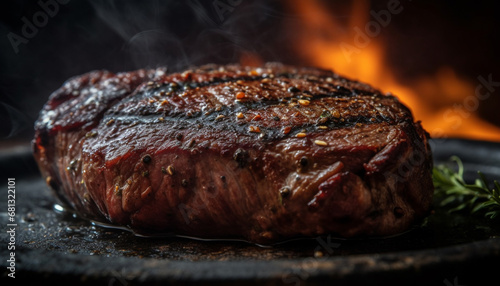 Juicy grilled steak on rustic wood plate, ready to eat freshness generated by AI