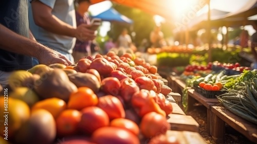 defocused scene of a customer at a local farmers' market, with fresh produce and friendly vendors, in a community market style ,sunny
 photo
