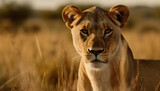 Majestic lioness walking in the savannah, alertness in her eyes generated by AI