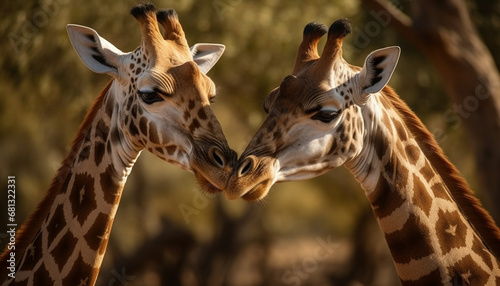 Giraffe family standing in the wilderness, looking at camera closely generated by AI