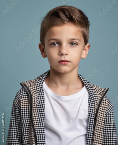 Potrait of  young boy with hairstyle and trendy outfit