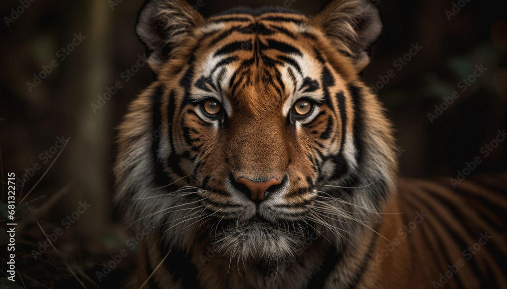 Fototapeta premium Bengal tiger staring, majestic and dangerous in the wild forest generated by AI