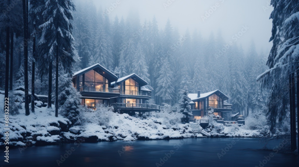 Winter Cabins by a Snowy River