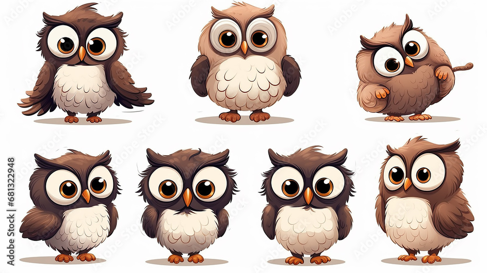 Fototapeta premium collection of cute cartoon owls on a white background set