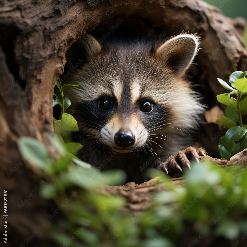 Photo of a baby raccoon peeking out of a tree hollow. Generative AI