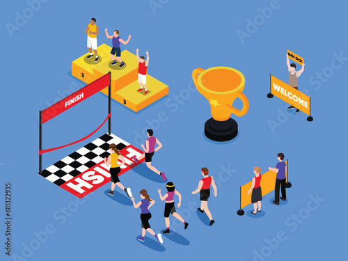 marathon running competition people with award cup and winner podium isometric 3d vector illustration concept