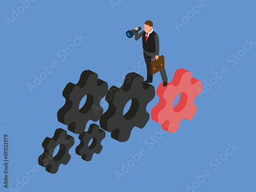 Businessman looking through telescope on gear or cogwheel isometric 3d vector illustration concept