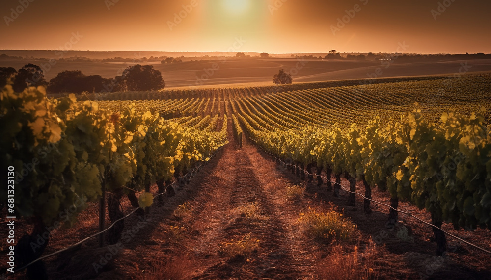 Sun kissed vineyard in tranquil Napa Valley, ripe grapes for winemaking generated by AI