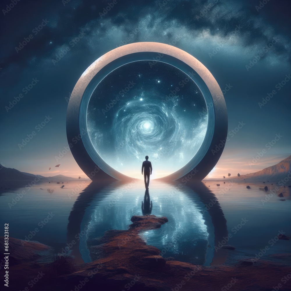 Surreal landscape of a man in front of a portal to another dimension ...
