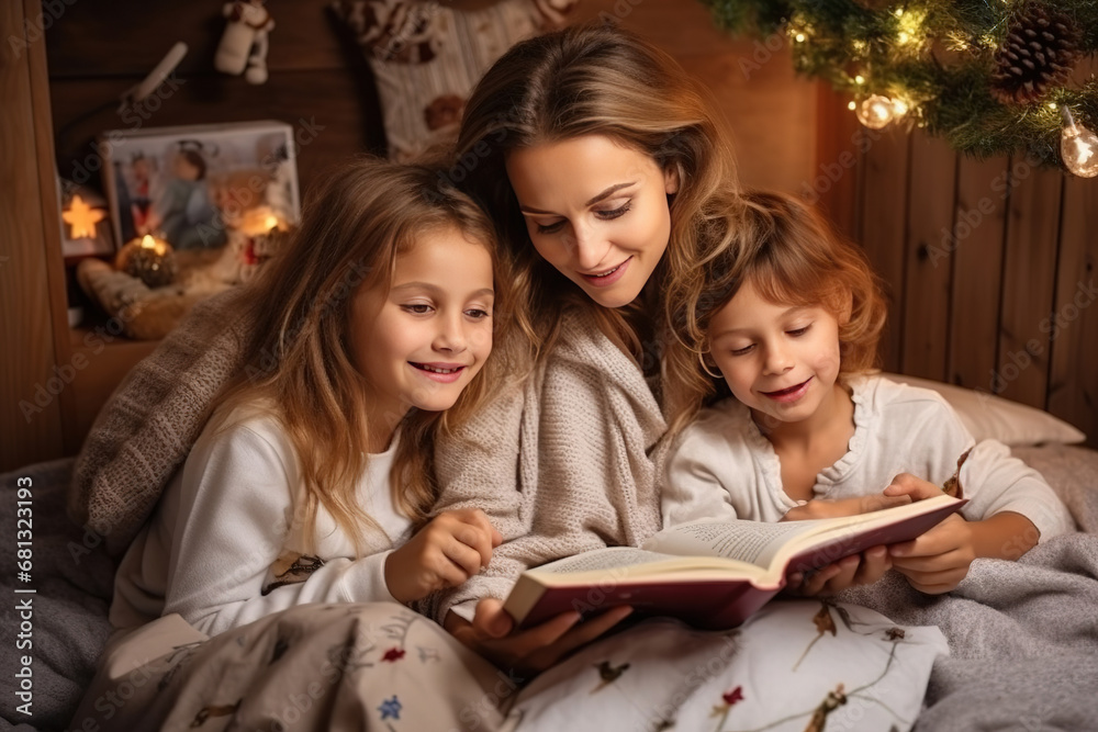 Loving young mother and small children rest on winter holidays at home reading book together. Caring happy mom relax with teen kids on New Year vacation enjoy literature. Family weekend Loving young mother and small children rest on winter holidays at home reading book together. Caring happy mom relax with teen kids on New Year vacation enjoy literature. Family weekend