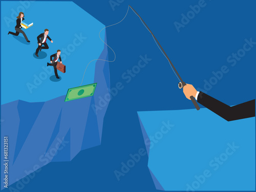 business people running towards the cliff after dangling dollar isometric 3d vector illustration concept
