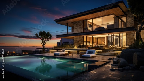 Contemporary Villa with Infinity Pool at Sunset © Sariyono
