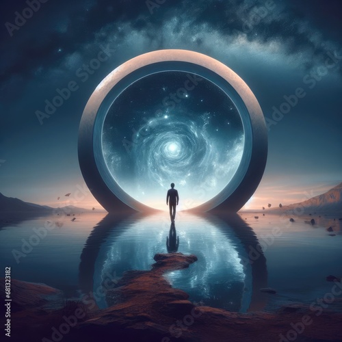 Surreal landscape of a man in front of a portal to another dimension, science concept, generative ai
