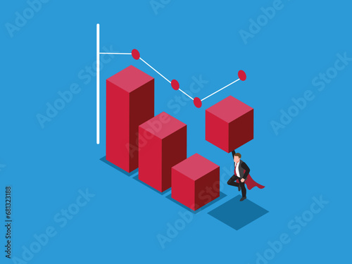 Super businessman in red cape lifting bar chart isometric 3d vector illustration concept