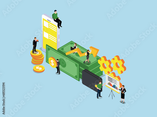 Business team working together for profit and success isometric 3d vector illustration concept
