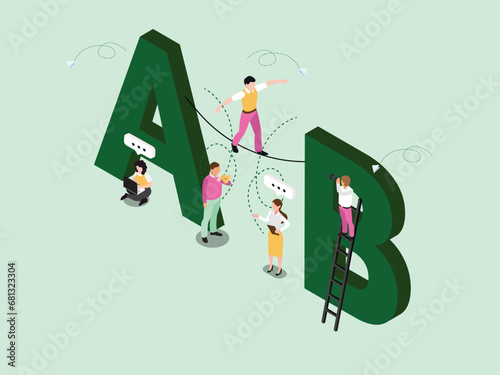 Businessman takes a rope walk from point A to B isometric 3d vector illustration concept