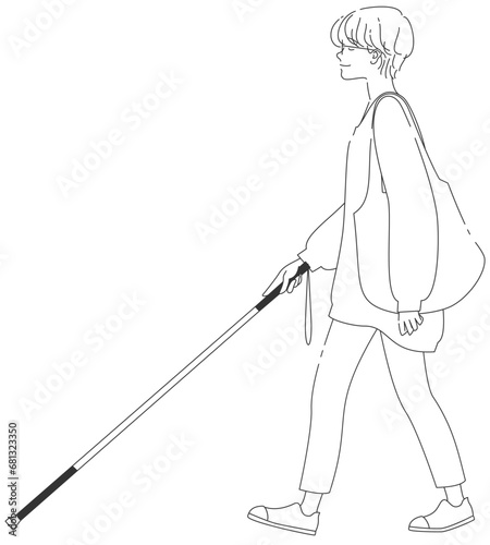 白杖をついた視覚障害のある女性のイラスト｜線のみ
